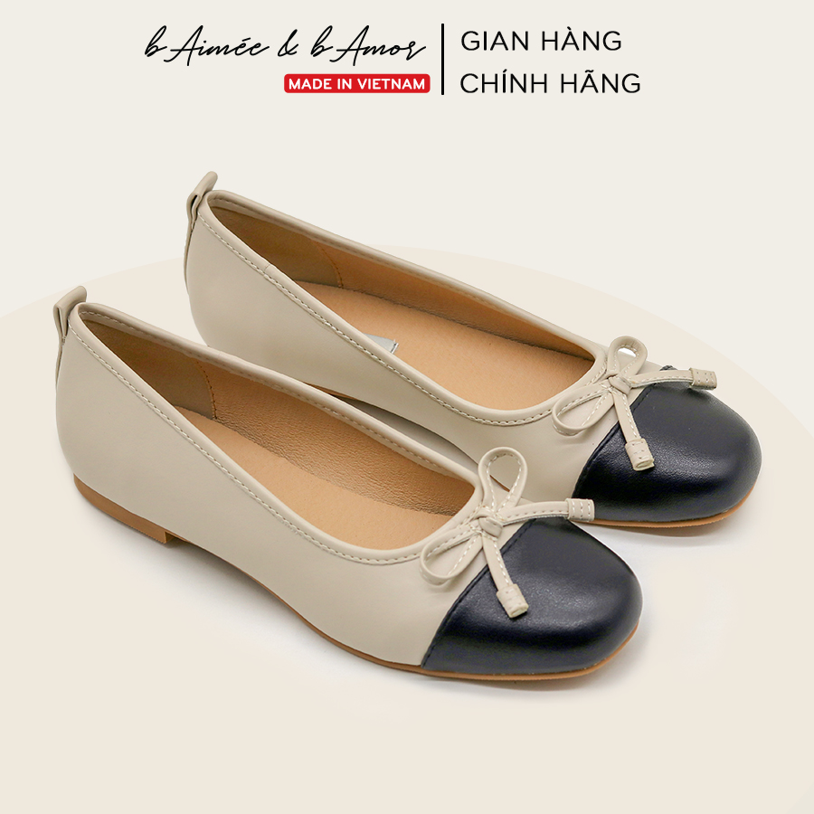 Giày bệt búp bê nữ Bow Ballerina đế bệt mũi tròn phối đen da mềm êm bAimée