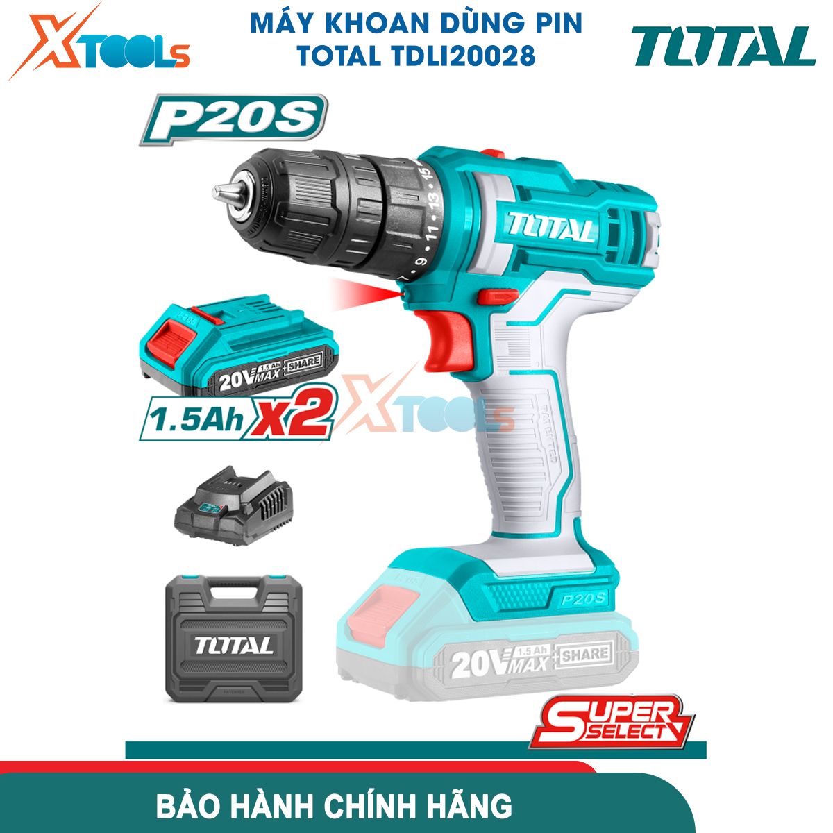Máy khoan pin cầm tay TOTAL TDLI20028 pin Lithium 20V, khả năng khoan tối đa 0.8-10mm, kèm 2 pin 1.5Ah 1 sạcxtools