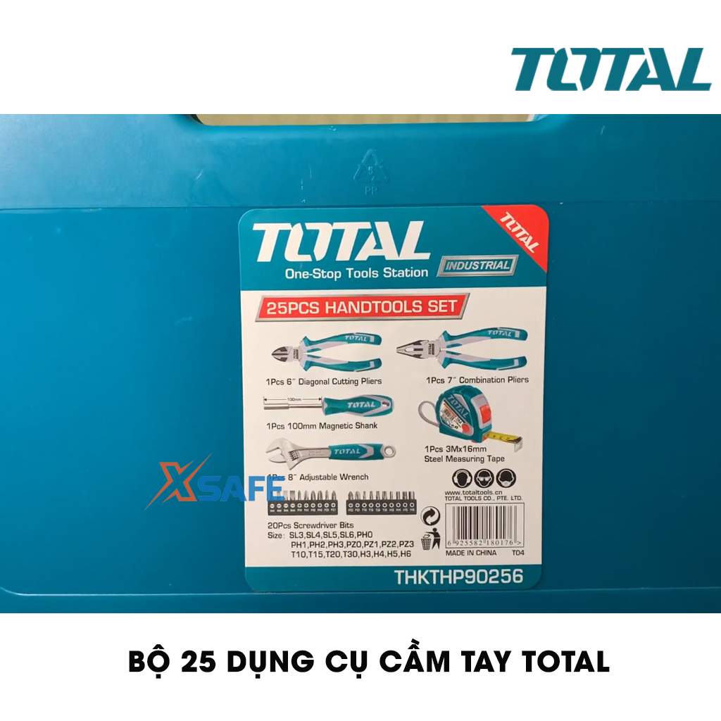 Set of 25 tools hand tools total THKTHP90256 suitable for engineering, construction, people dụng.1 piece alkaline combination 7 ", 1 Alkaline cut Cross 6", 1 set adjustable 8 ", 1 tape measure, 1 shank with magnet 100mm. 20 head screw-distribution xsafe