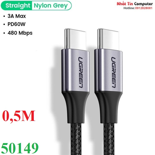 Cáp sạc nhanh 60W USB Type-C to Type-C dài 0,5M bọc nylon Ugreen 50149 cao cấp (dữ liệu) Chính Hãng