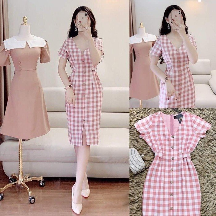 ĐẦM CARO CỔ TIM CỘT EO PHỐI NÚT SANG TRỌNG DÀI ĐẦM 96CM   (KÈM QUÀ TẶNG)