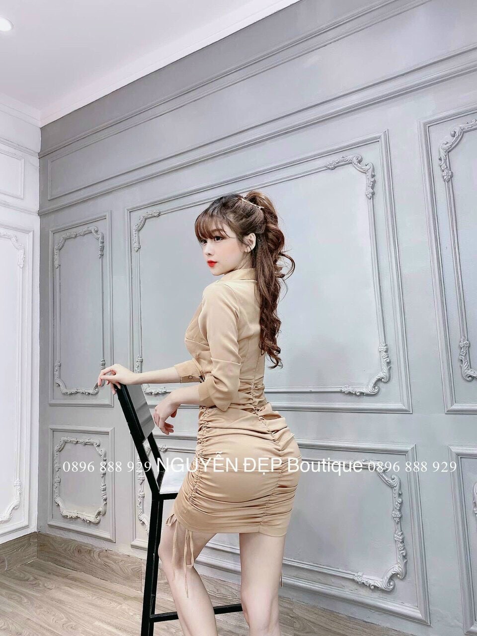 [HCM]Đầm nhún cổ sơ mi cao cấp ba màu ( màu be màu trắng và màu đen )