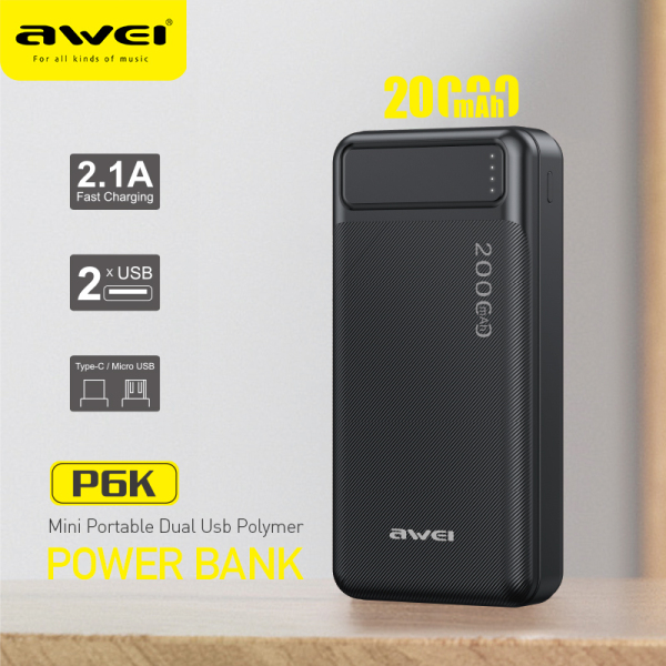 【Dung lượng lớn 20000mAh】 Ngân hàng điện di động AWEI P6K 20000 mah với đầu vào kép USB Type-A và micro Type-C kép, thích hợp để sạc nhanh điện thoại của bạn khi đang di chuyển