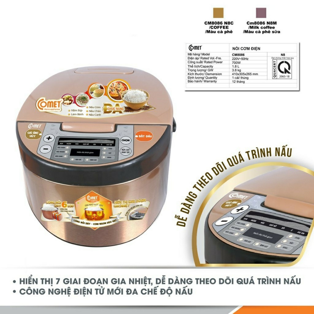 Nồi Cơm Điện Tử Comet 1.8 Lít - Cm8086N8 - Hàng (Bảo Hành 12 Tháng)