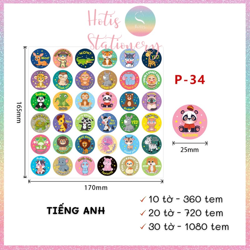 Sticker khen thưởng Tiếng Anh/ Trung, tem dán thưởng khen ngợi học sinh tiểu học