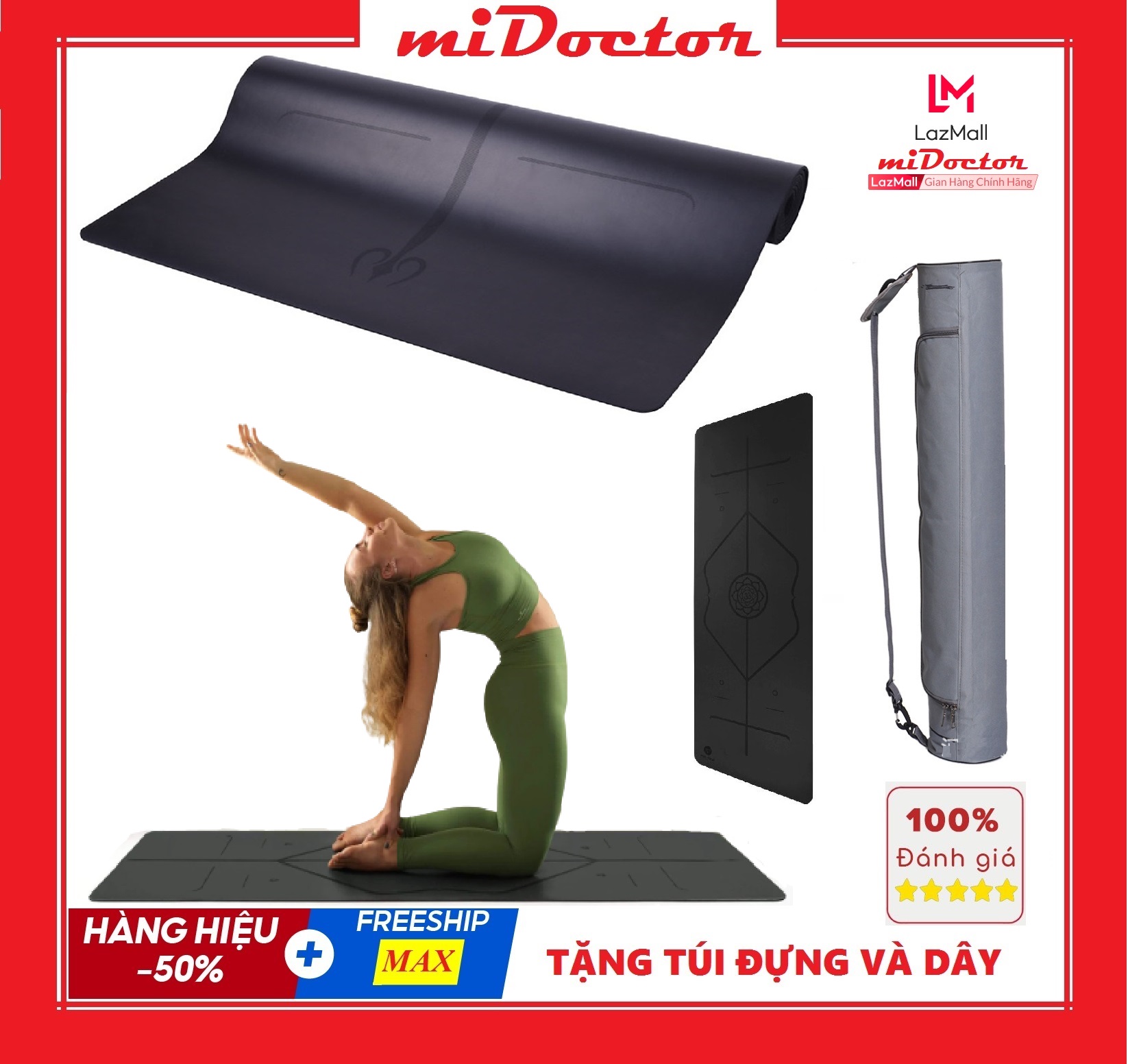 Thảm Tập Yoga Định Tuyến Cao Su PU Cao Cấp Chính Hãng miDoctor Màu Đen + Túi Đựng Thảm Tập Yoga PU Định Tuyến + Dây Buộc Thảm Yoga PU Định Tuyến