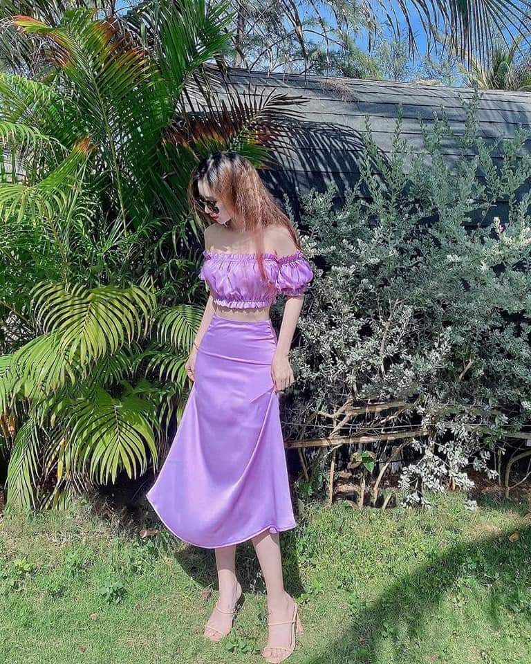 (VIDEO+HÌNH THẬT) Set Đầm Váy Phom Dài Kèm Áo Trễ Vai Tay Ngắn Chất Phi Lụa Cao Cấp