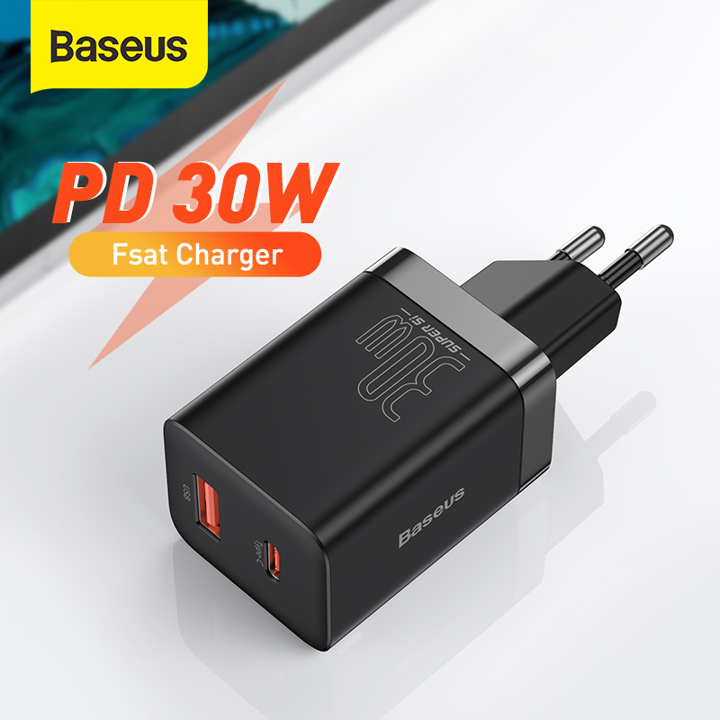 Baseus 30W Super Si Pro USB Charger Type C Fast Charger QC3.0 USB C Quick Charge PD3.0 Dual Port Phone Charge for iPhone 13 12 X Xs 8 Macbook