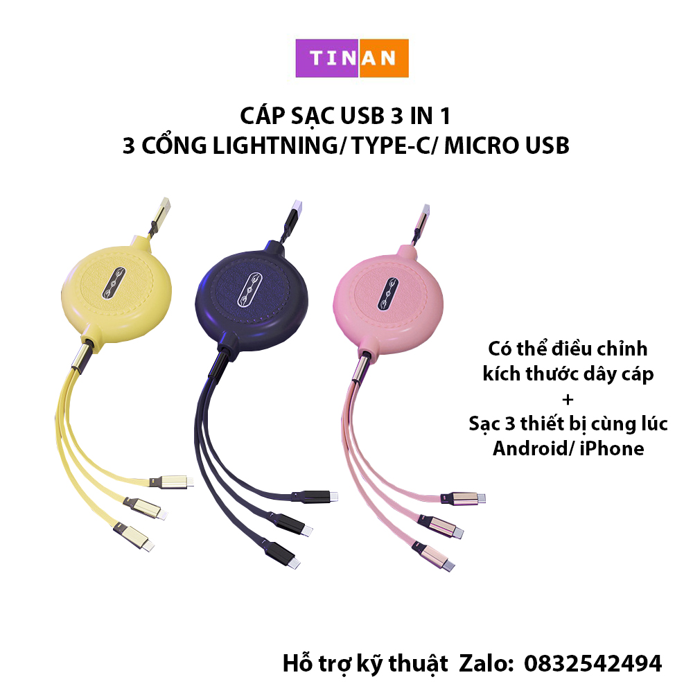 Cáp Sạc Nhanh USB 3 Trong 1 Chất Lượng Cao 2A, Iphone, Android