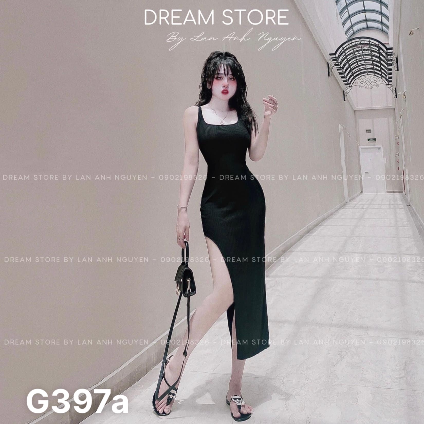 Đầm thun gân 2 dây phom ôm body rút dây xẻ tà quyến rũ G397a