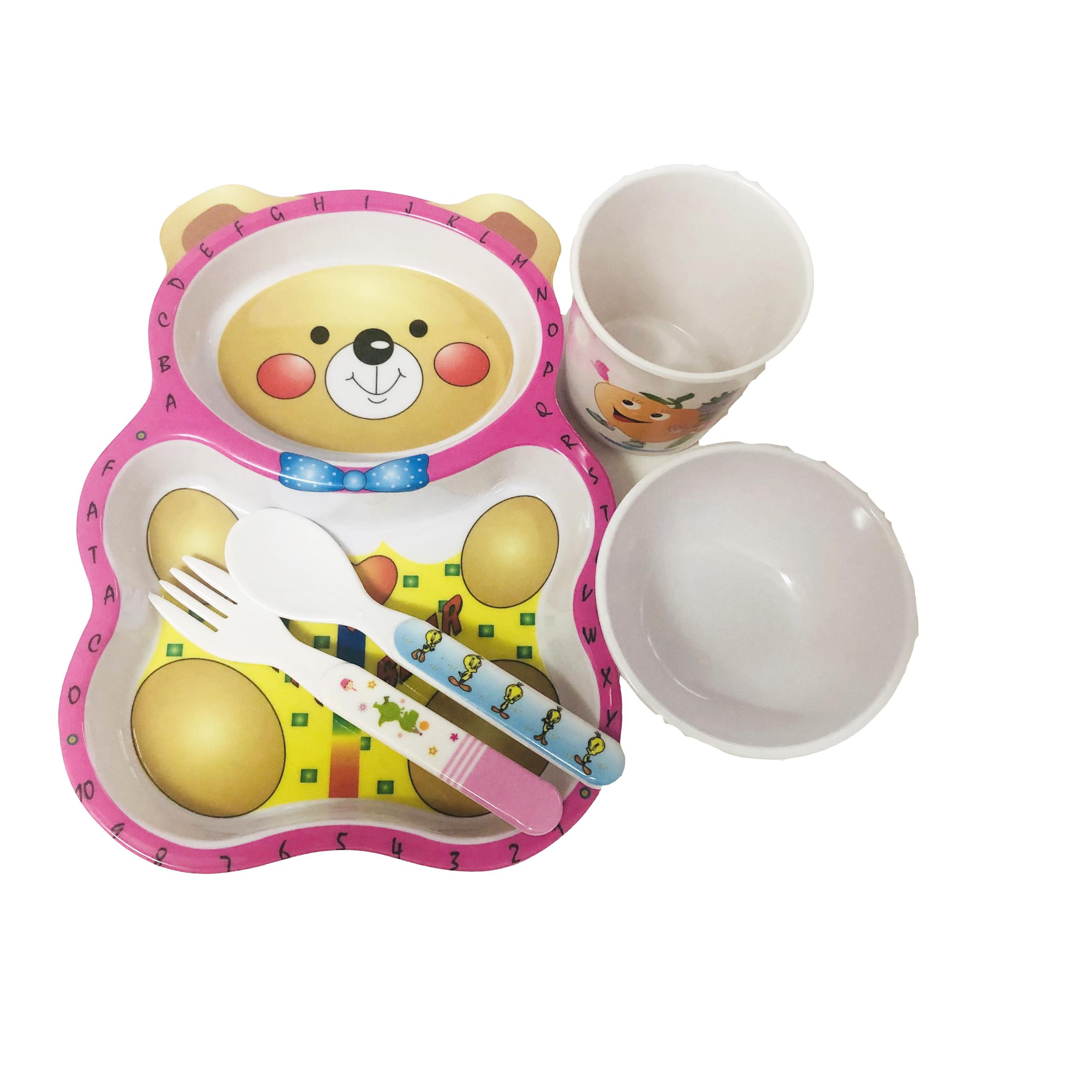 Bộ tập ăn cho bé khay hình gấu (Khay hình gấu, chén, ly, muỗng, nĩa)