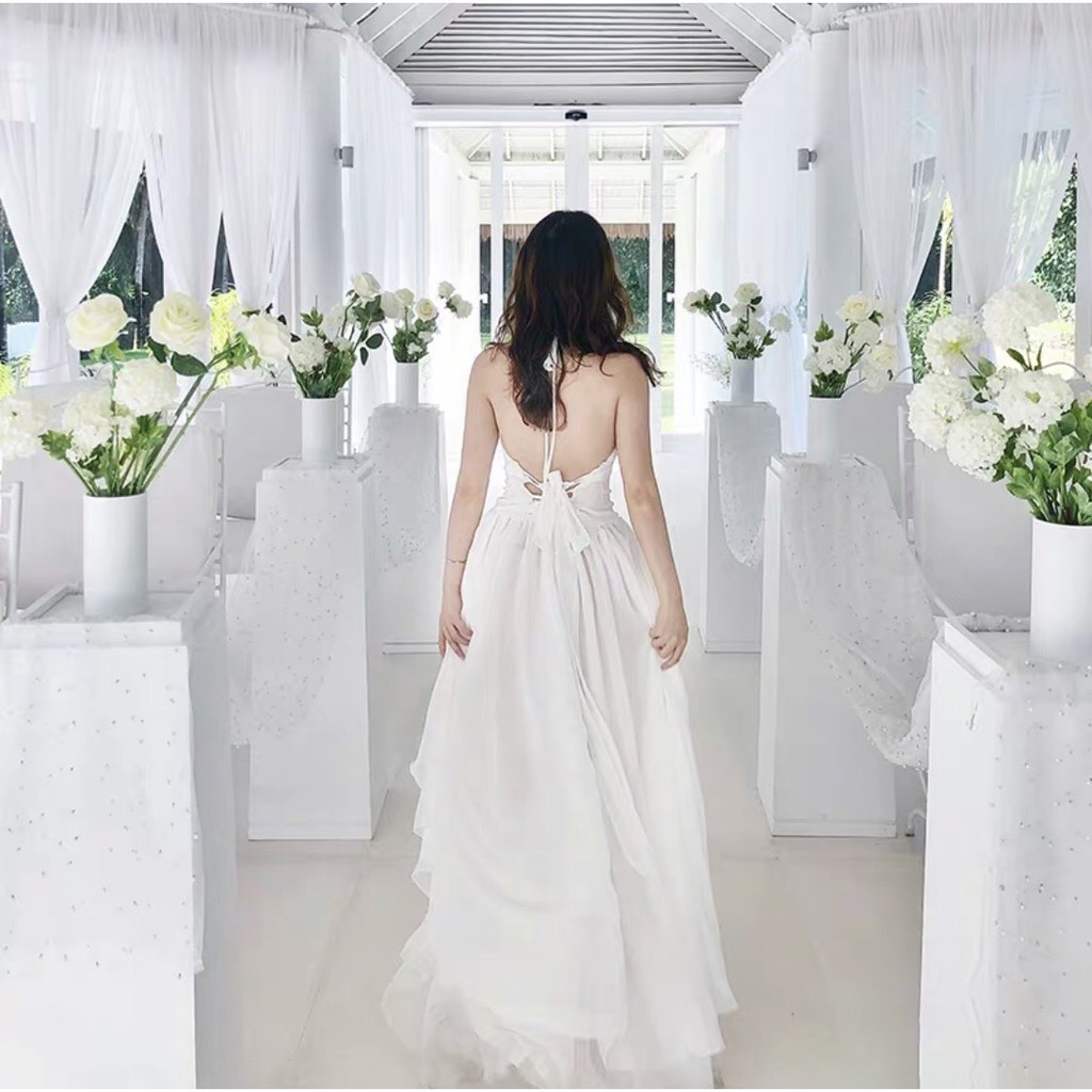 [FreeShip] Đầm maxi đi biển trắng đan lưng