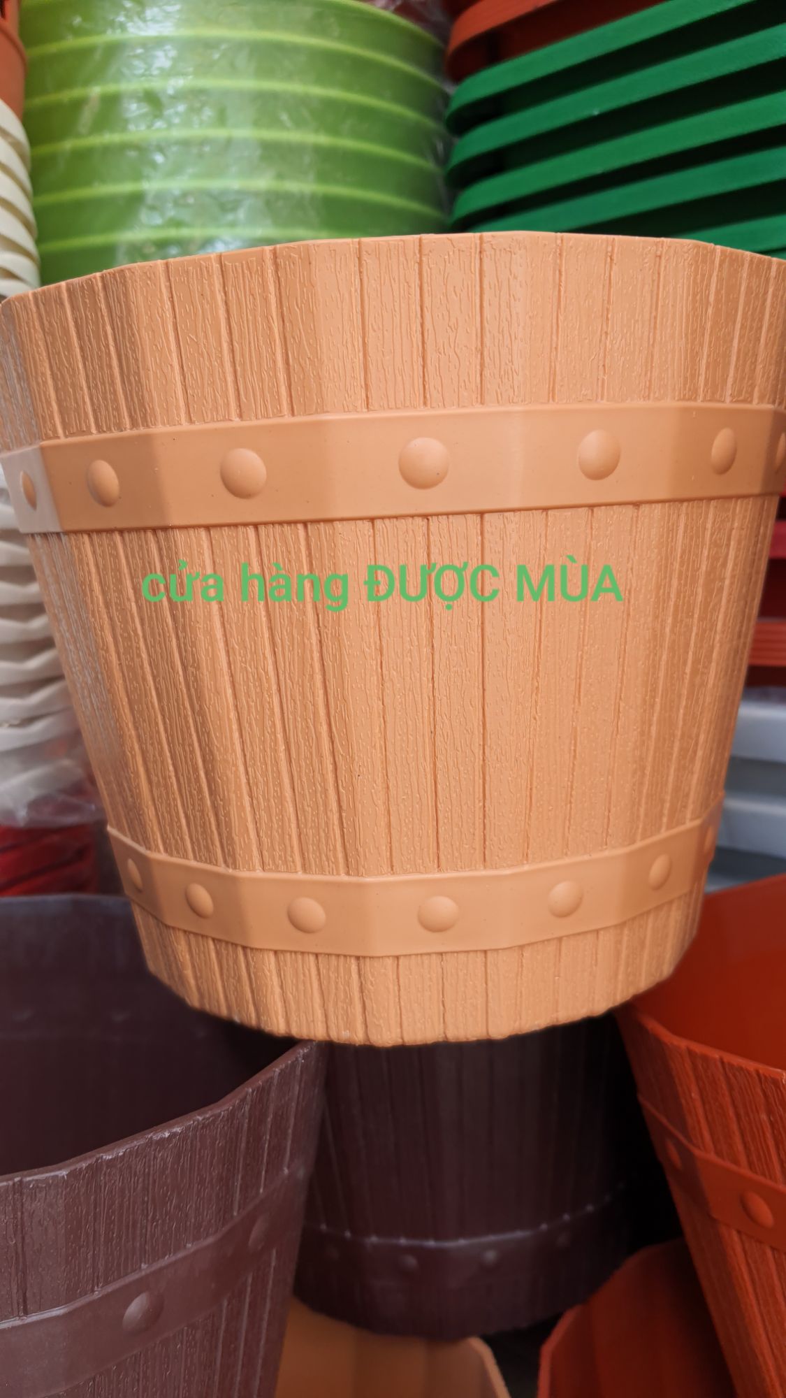 combo 5 chậu nhựa kiểu thùng gỗ đk 21cm