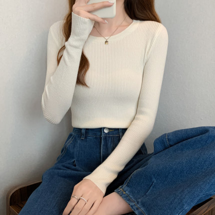 Áo Len Cổ Tròn Dài Tay Dệt Kim Màu Trơn Basic Dáng Ôm