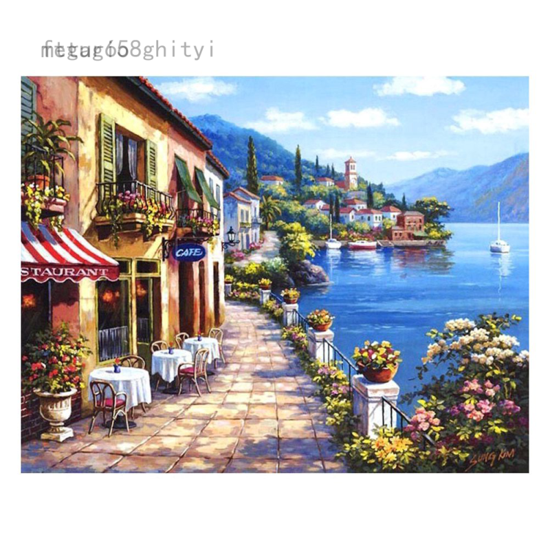 Tranh Sơn Dầu Kỹ Thuật Số Tự Làm Không Khung FG Vẽ Tay Hình Thị Trấn Bên Hồ 40X50Cm Trang Trí Nhà Cửa