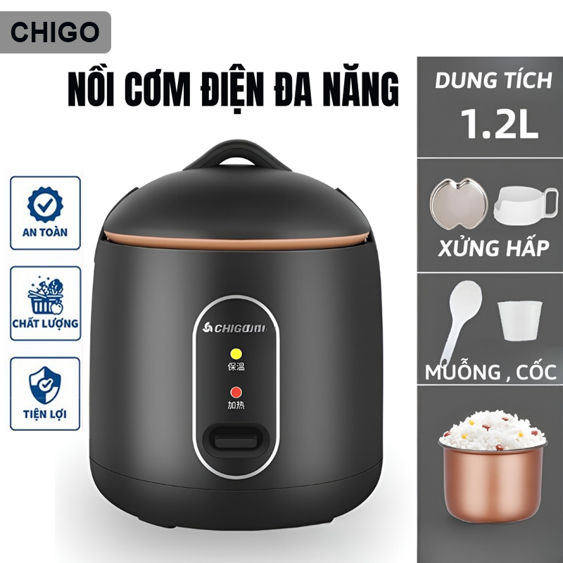 Nồi Cơm Điện Mini Chigo 1.2L, Nồi cơm điện Hàn Quốc chính hãng, nồi nấu đa năng, nấu cơm, hầm cháo, hấp, xào, luộc an toàn, tiện ích, thiết kế chống tràn hiện đại cao cấp, nồi cơm mini cao cấp