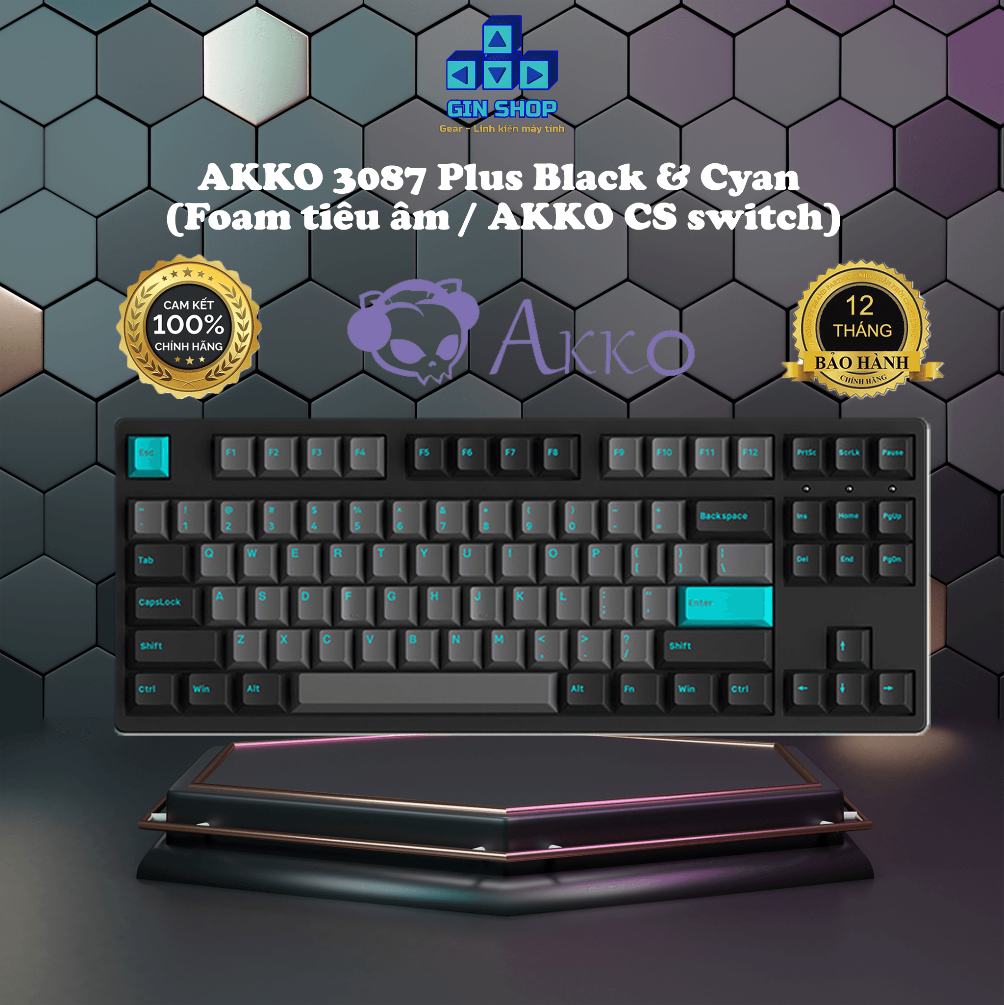 [CHÍNH HÃNG] Bàn phím cơ AKKO 3087 Plus Black & Cyan (Foam tiêu âm / AKKO CS switch)