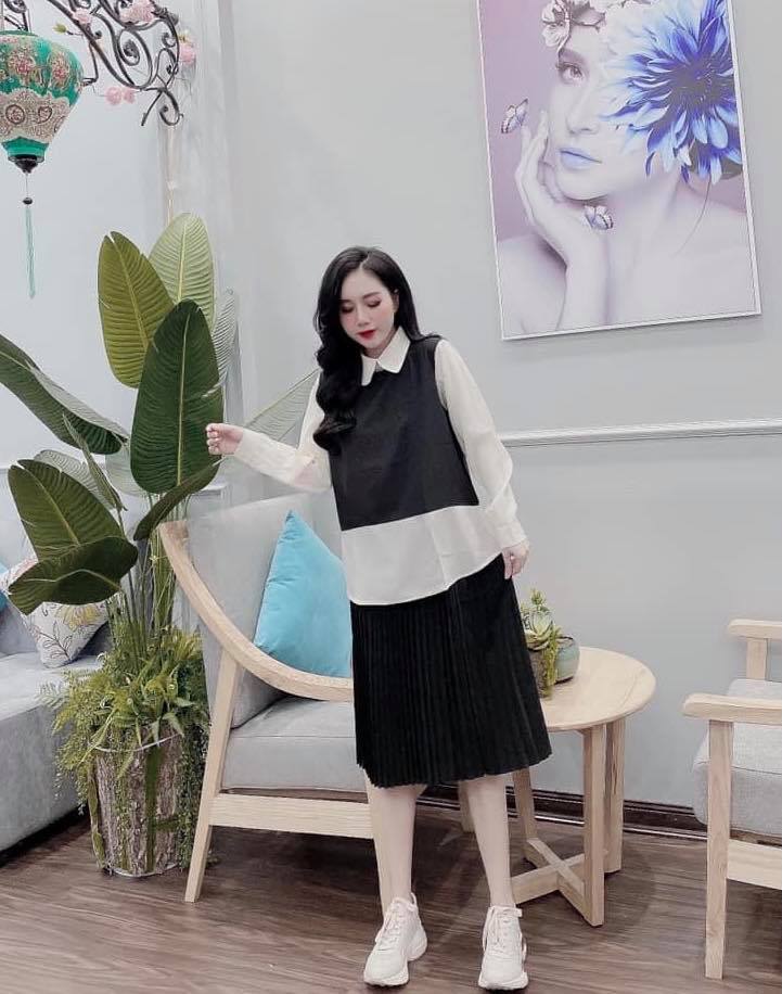 Chân váy bầu midi xếp ly lụa gân Thượng Hải - Đồ Bầu Xinh