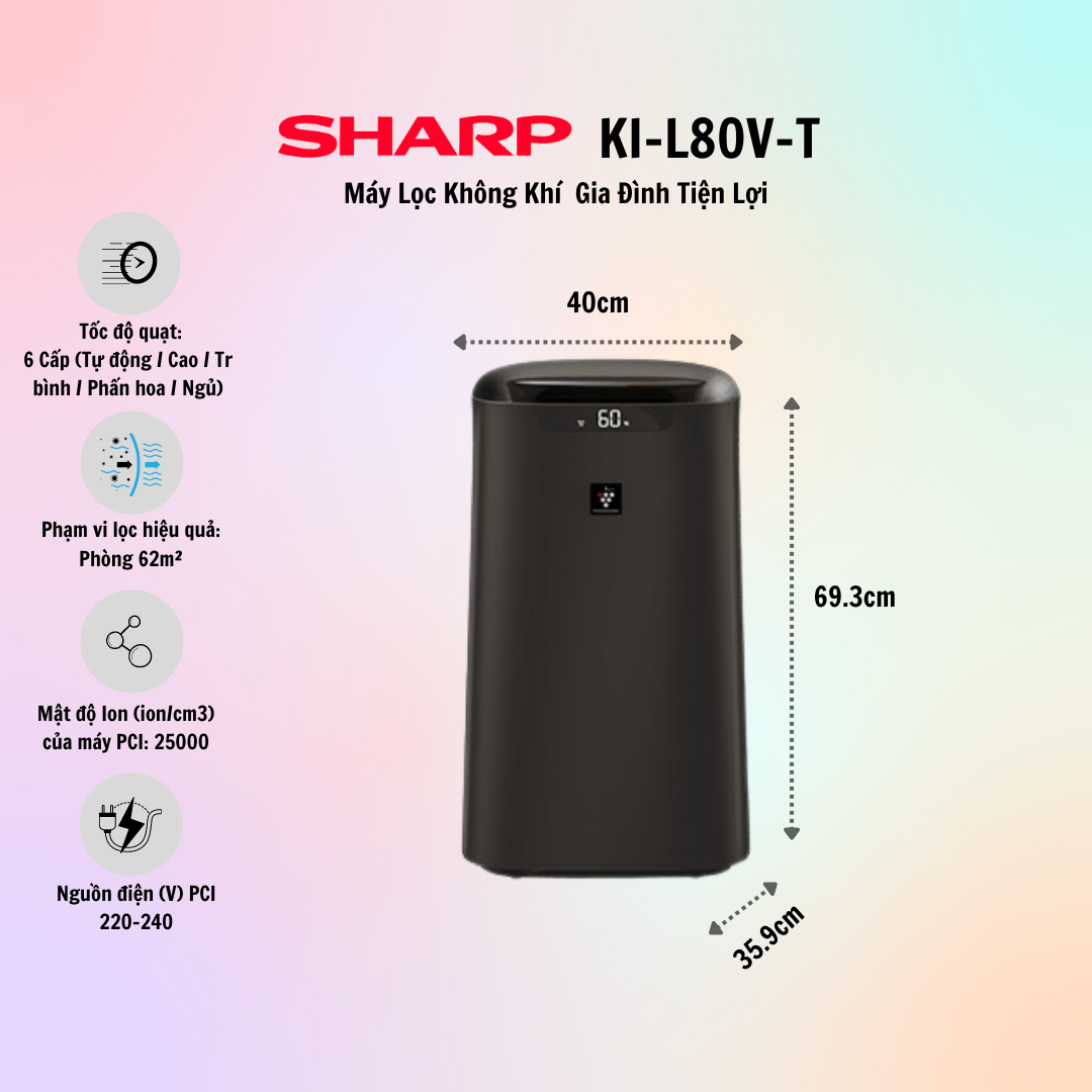 Máy lọc không khí tạo ẩm sharp ki-l60v-w/ki-l80v-t - hàng chính hãng - bảo hành 12 tháng