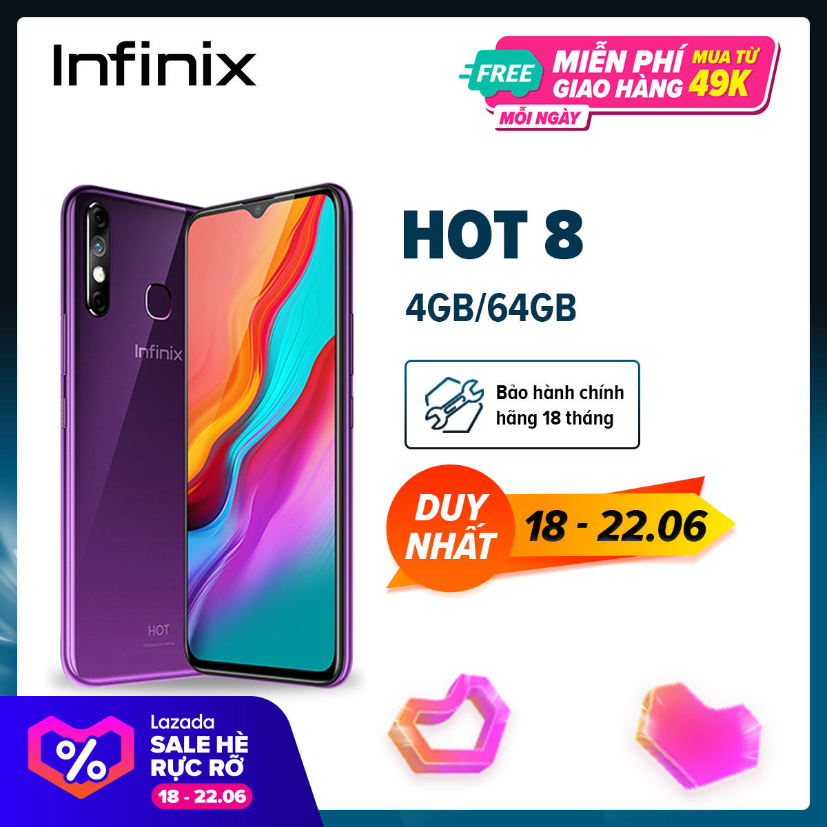 Điện thoại Infinix HOT 8 4GB/64GB - Màn hình giọt nước 6,6" HD+ Bộ 3 Camera 13MP Pin 5,000mAH|ProductId:465