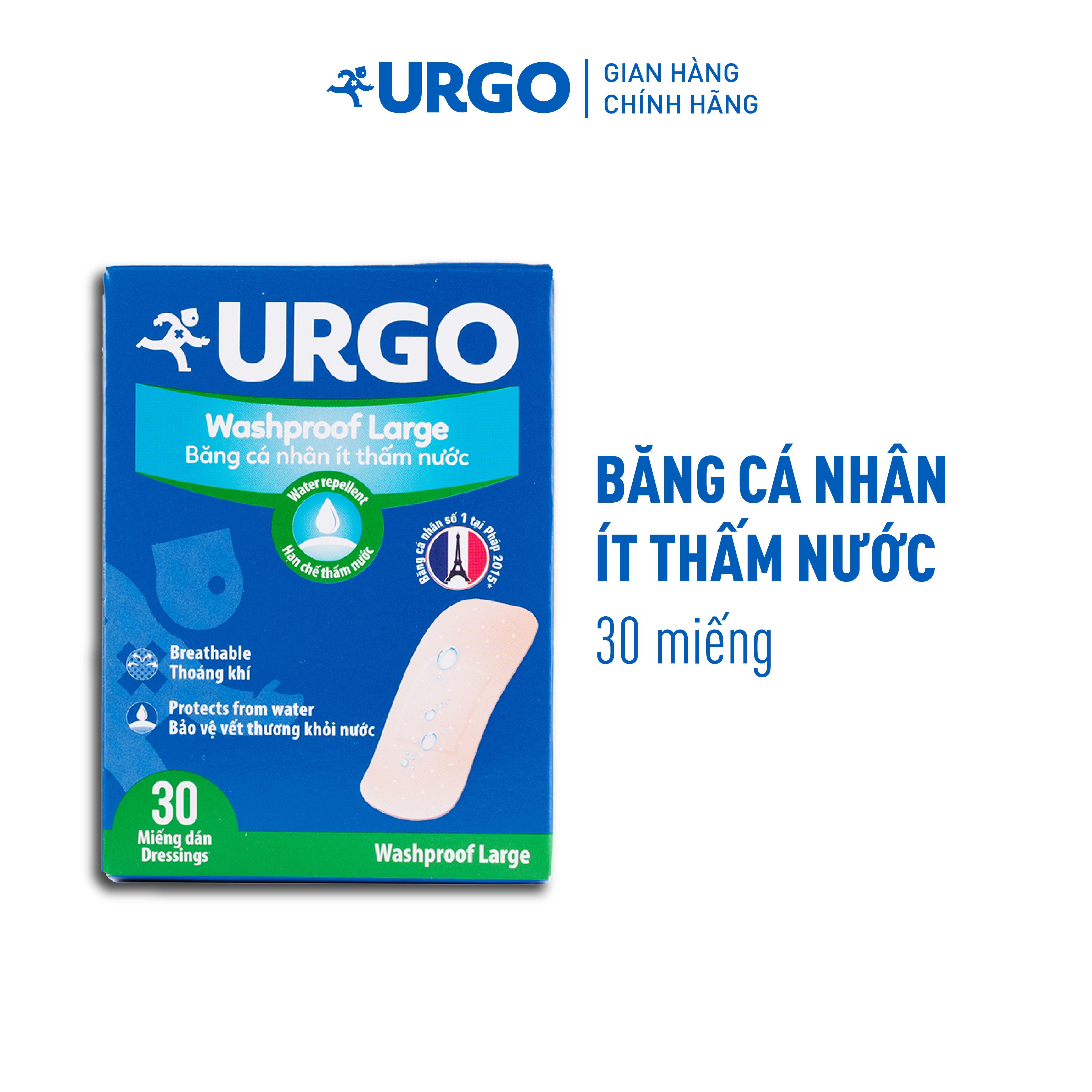 Băng cá nhân ít thấm nước Urgo Washproof Large (Hộp 30 miếng)