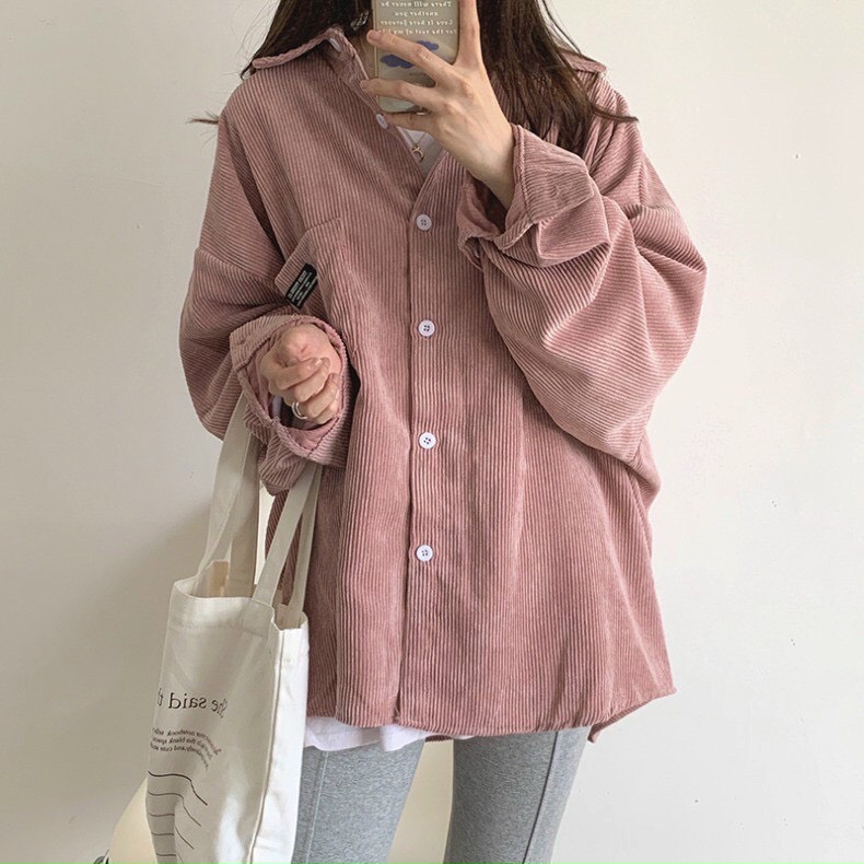 Áo khoác sơmi nhung gân thêu logo xịn sò,form rộng dưới 70kg-shopsigiare1