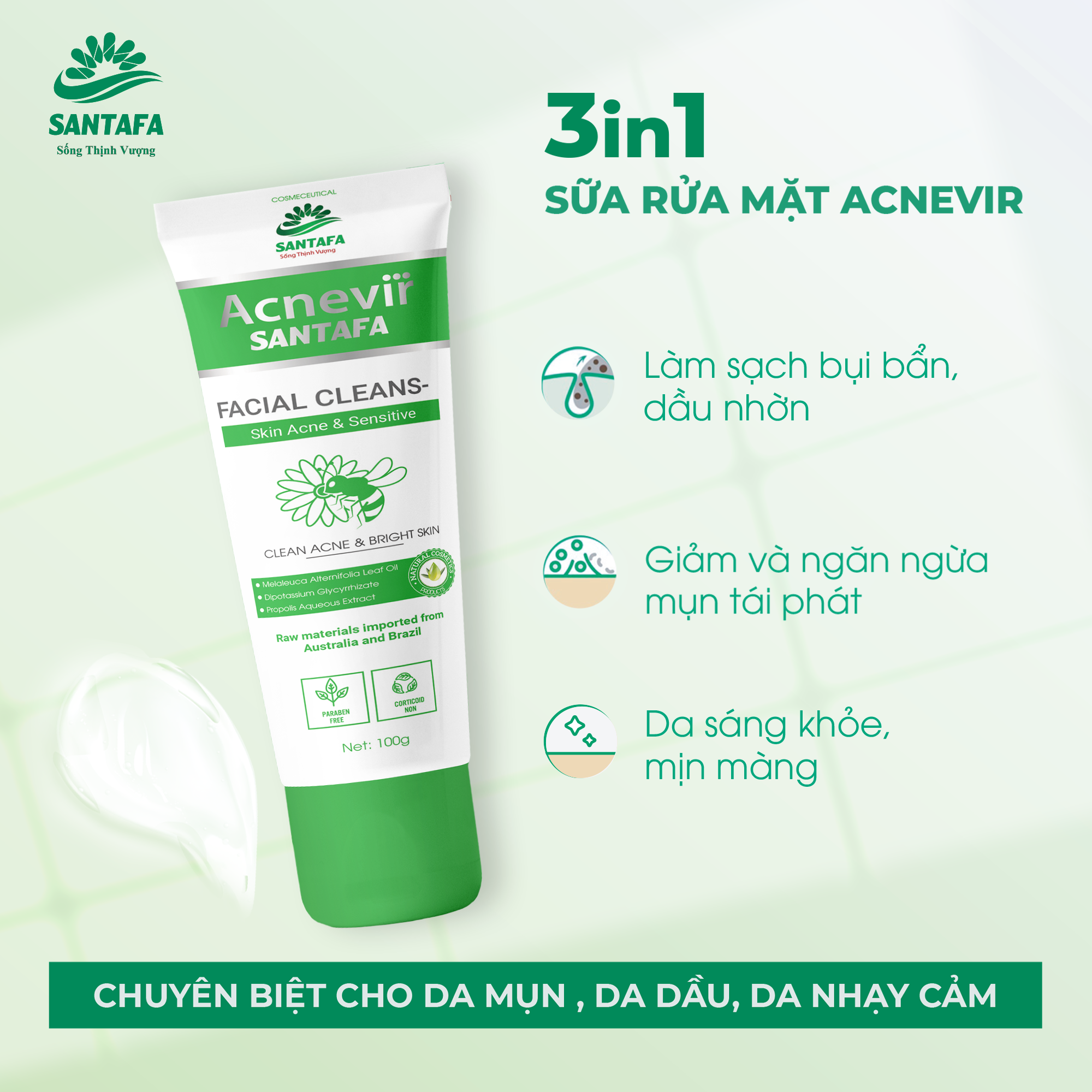 Sữa Rửa Mặt Ngừa Mụn Acnevir Santafa Chiết Xuất Keo Ong Xanh Và Tràm Trà Tuýp 100g