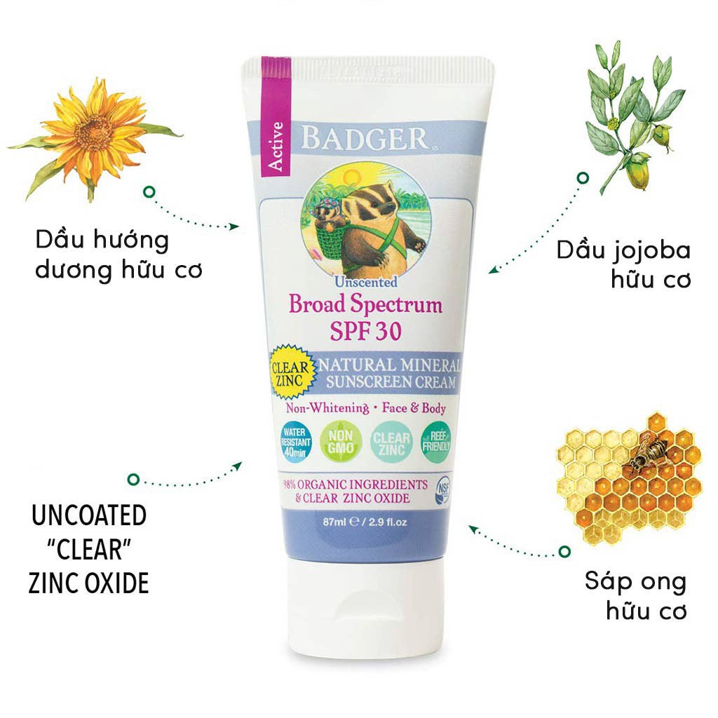 Kem chống nắng BADGER Active SPF 30 – 87mL