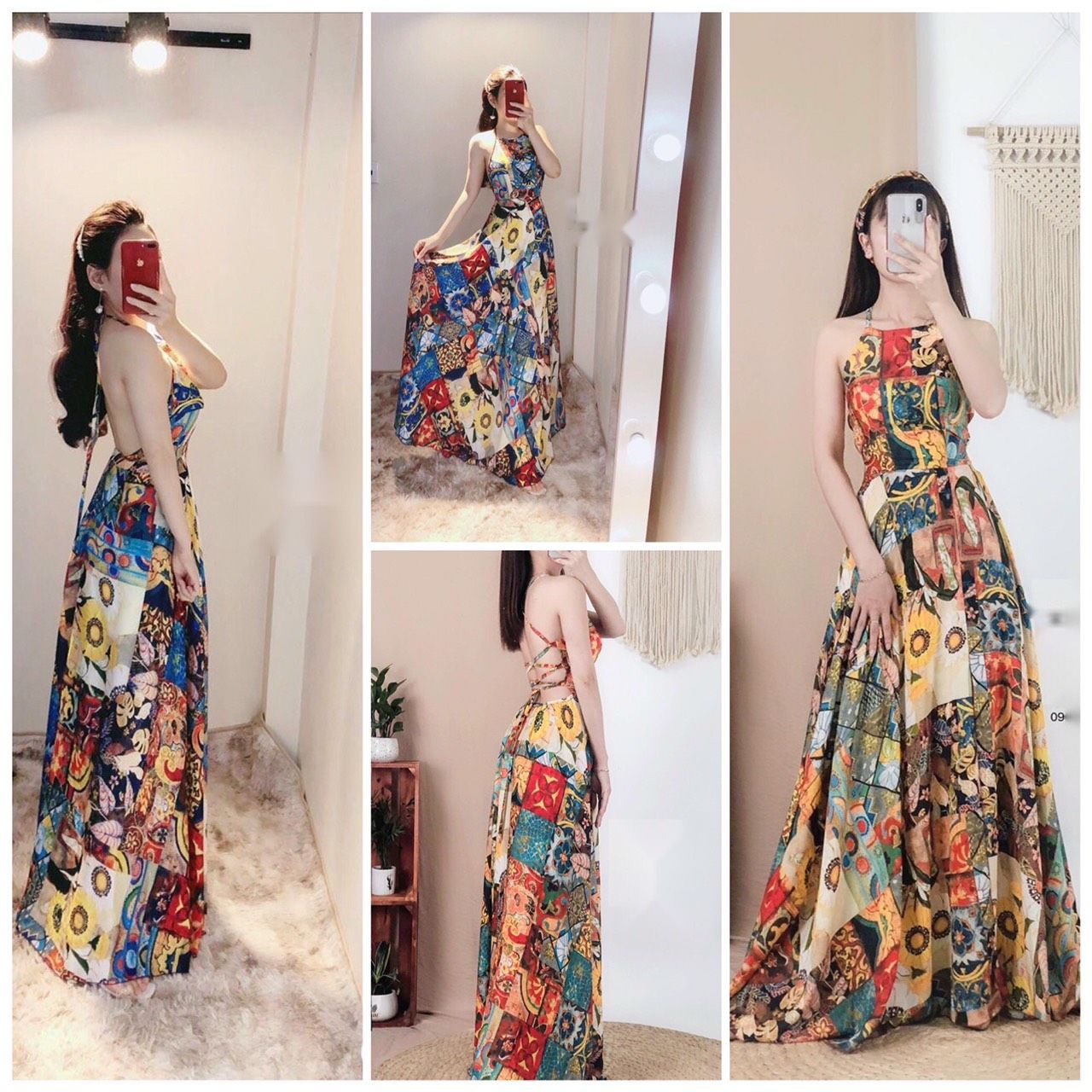 đầm maxi hở lưng, váy maxi hở lưng đan dây có size đến 60kg