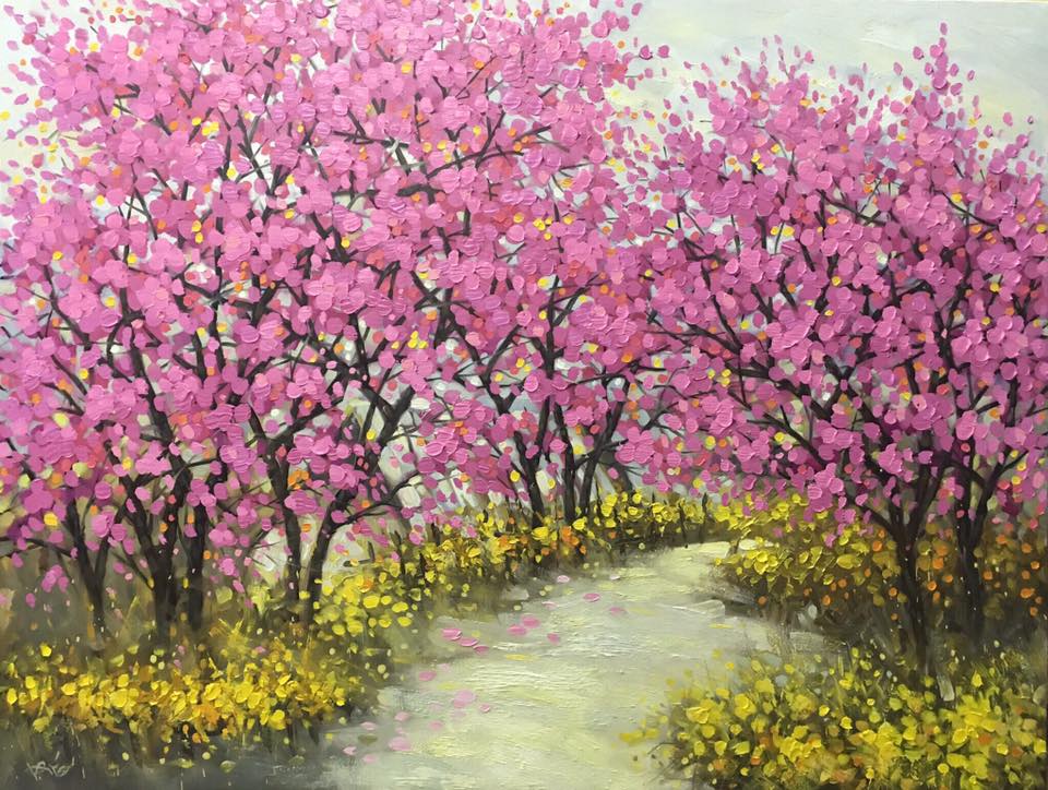 Tranh phong cảnh con đường hoa đào nở vintage kèm khung tranh