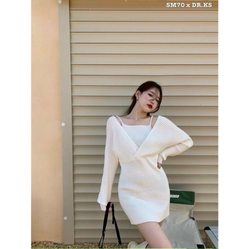 Đầm ôm cổ v gân đũa siêu xịn