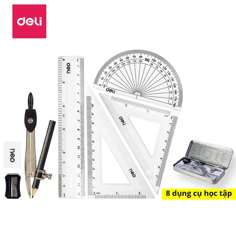 Bộ Compa hộp sắt Deli / Bộ đồ dùng Compa eke 8 món G30505