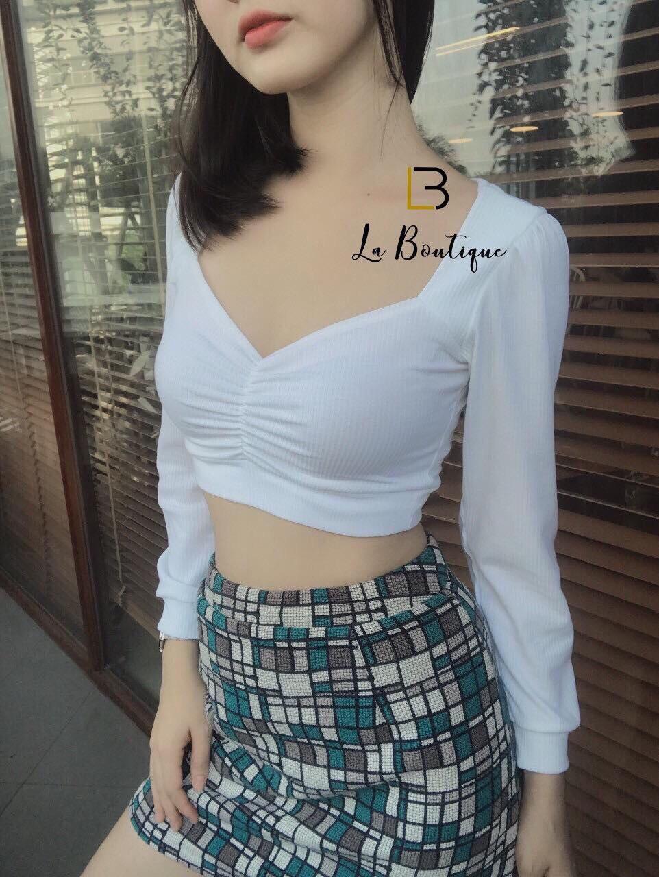 Áo Thun Cổ Tim Tay Dài Form Croptop Phối Nhún Ngực Tạo Đường Cong Quyến Rũ TTS0760