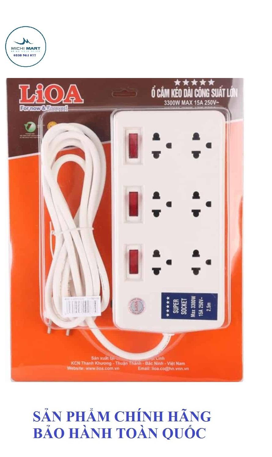 Ổ cắm điện Lioa 6 ổ 3 chấu Super 6SS2.5-2 công suất cao 3300 W, dây 2.5 mét