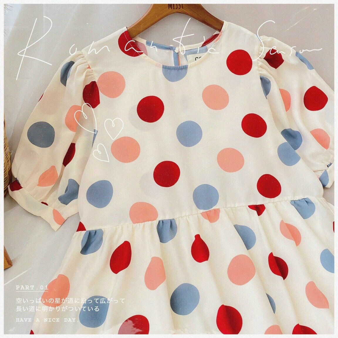 Đầm babydoll chấm bi đỏ xanh hồng tay bồng xinh xắn