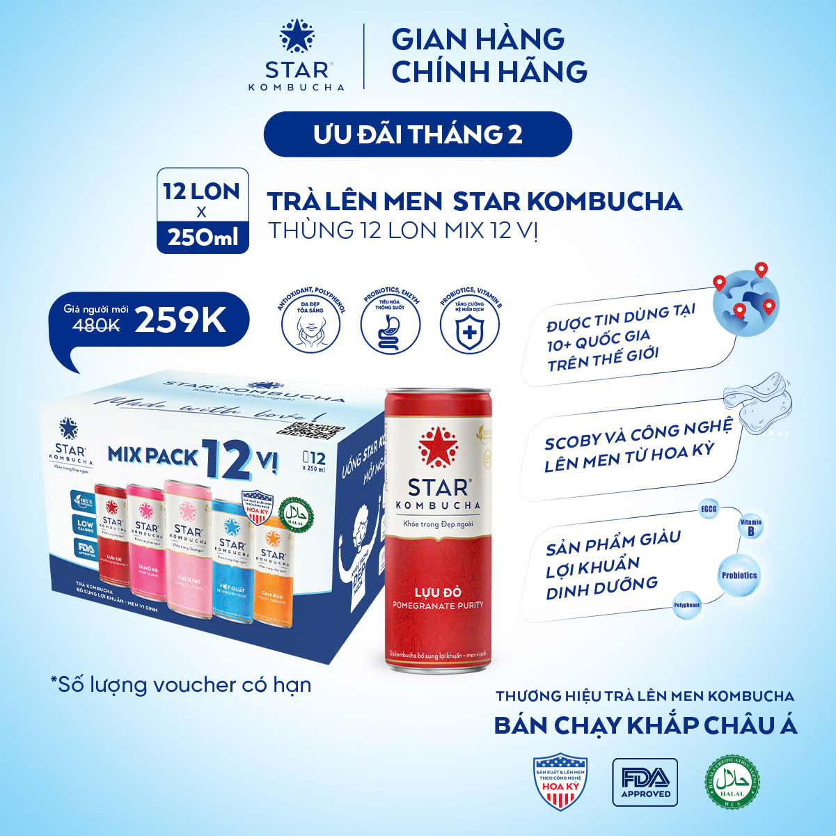 Thùng 12 lon trà lên men STAR KOMBUCHA mix 6 vị (250ml/lon)