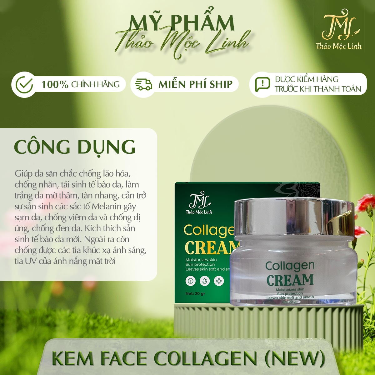 Kem face collagen thảo mộc linh trắng hồng mịn dành tất cả mọi loại da