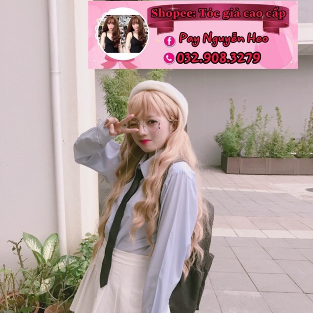 Tóc giả nguyên đầu xoăn 3 trục màu vàng tây