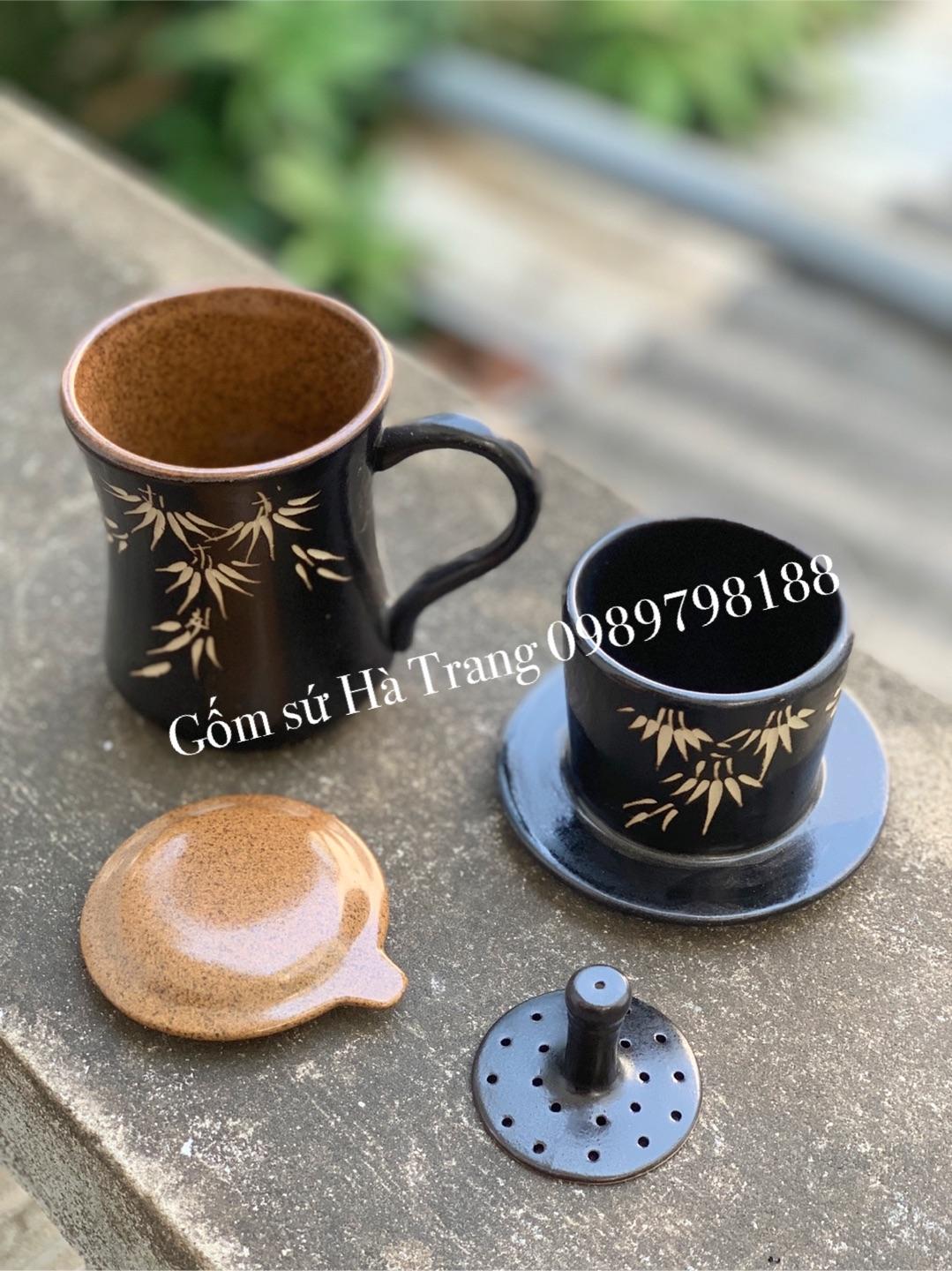 Phin pha cafe gốm sứ Bát Tràng khắc trúc