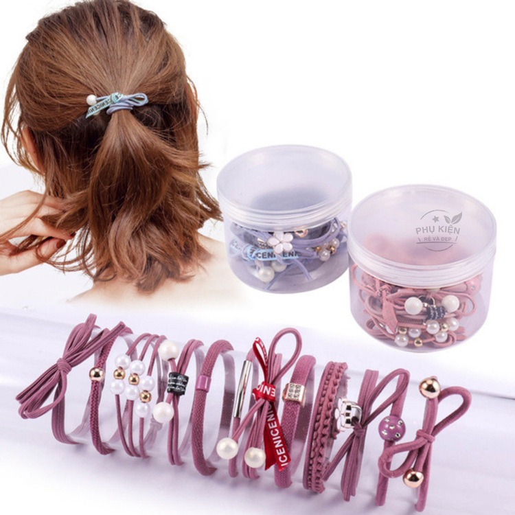 [HCM]Set 12 thun cột tóc Hàn Quốc siêu cute - Gồm hộp (Màu hồng đậm nho)