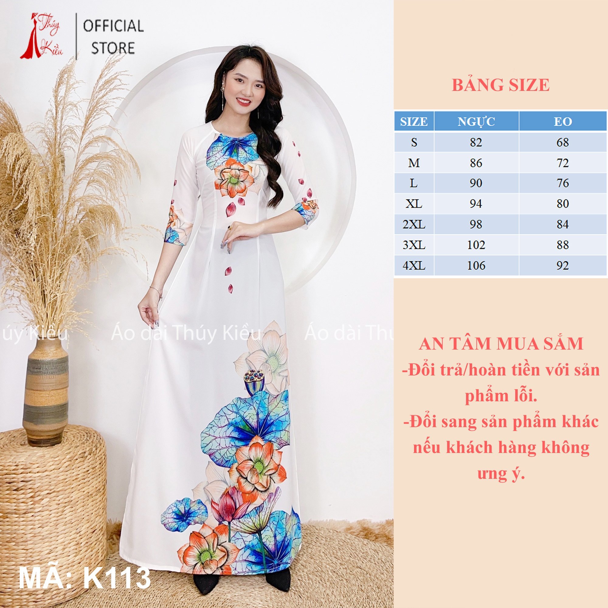 Áo dài trắng hoa sen nữ may sẵn thiết kế đẹp cách tân tết K113 Thúy Kiều mềm mại, co giãn, áo dài giá rẻ