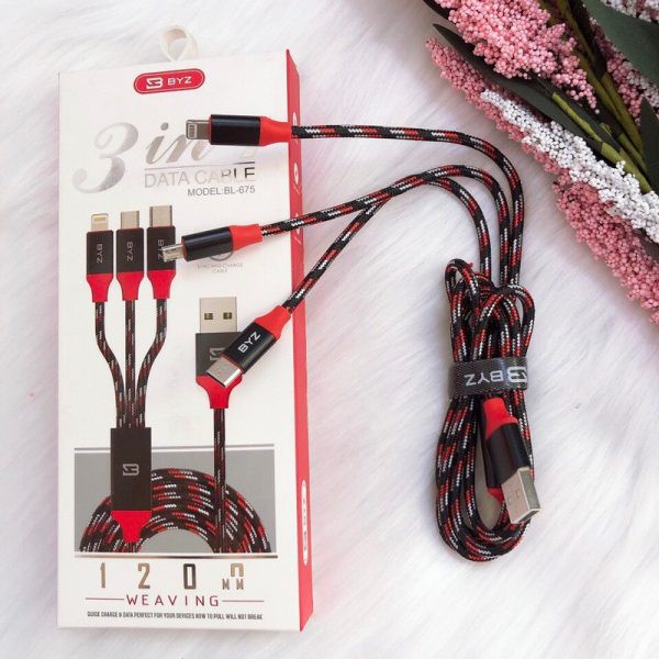 Cáp Sạc Bọc Dù 3 Chân Đa Năng Byz (Iphone, Microusb, Typec 3In1)