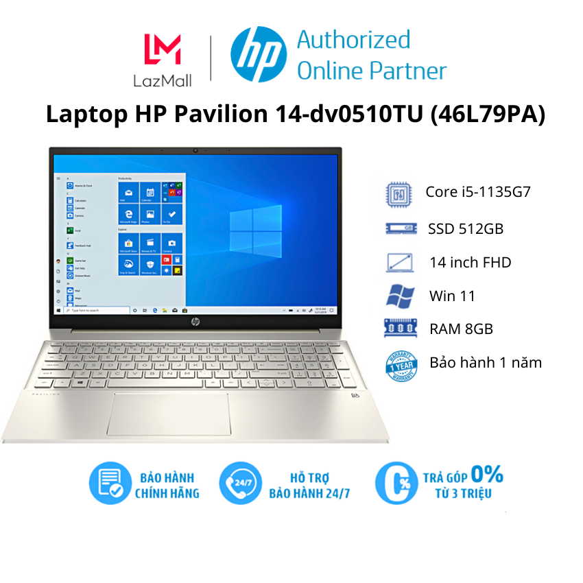 Laptop hp pavilion 14-dv0510tu / gold/ intel core i5-1135g7 / ram 8gb/ 512gb ssd/ intel iris xe graphics/ 14inch fhd/ 3cell/ win 11h/ 1yr