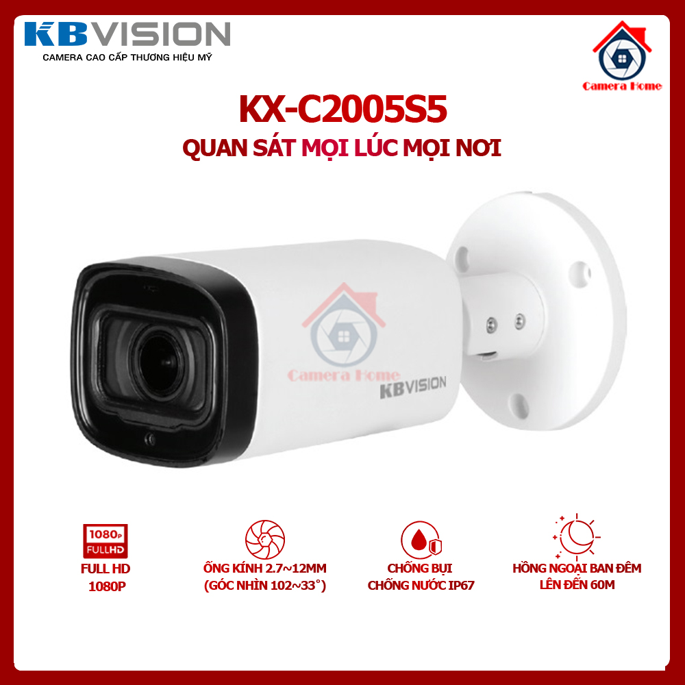 Camera analog 4 in 1 kbvision kx-c2005s5 2mp - tầm xa hồng ngoại 60m - vỏ kim loại - chống nước ip67 - camera home