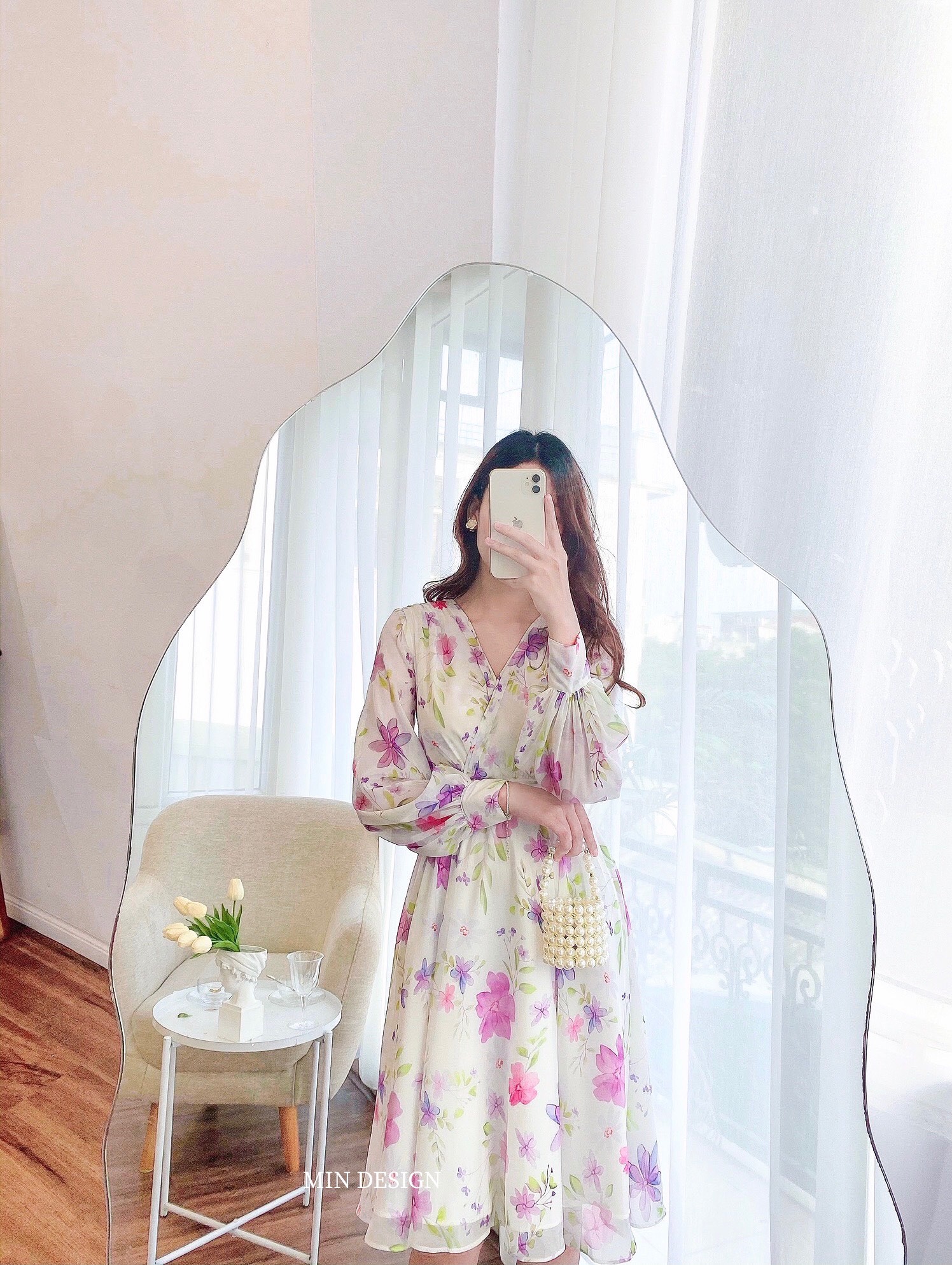 Váy cổ tim hoa tím xòe Min Design