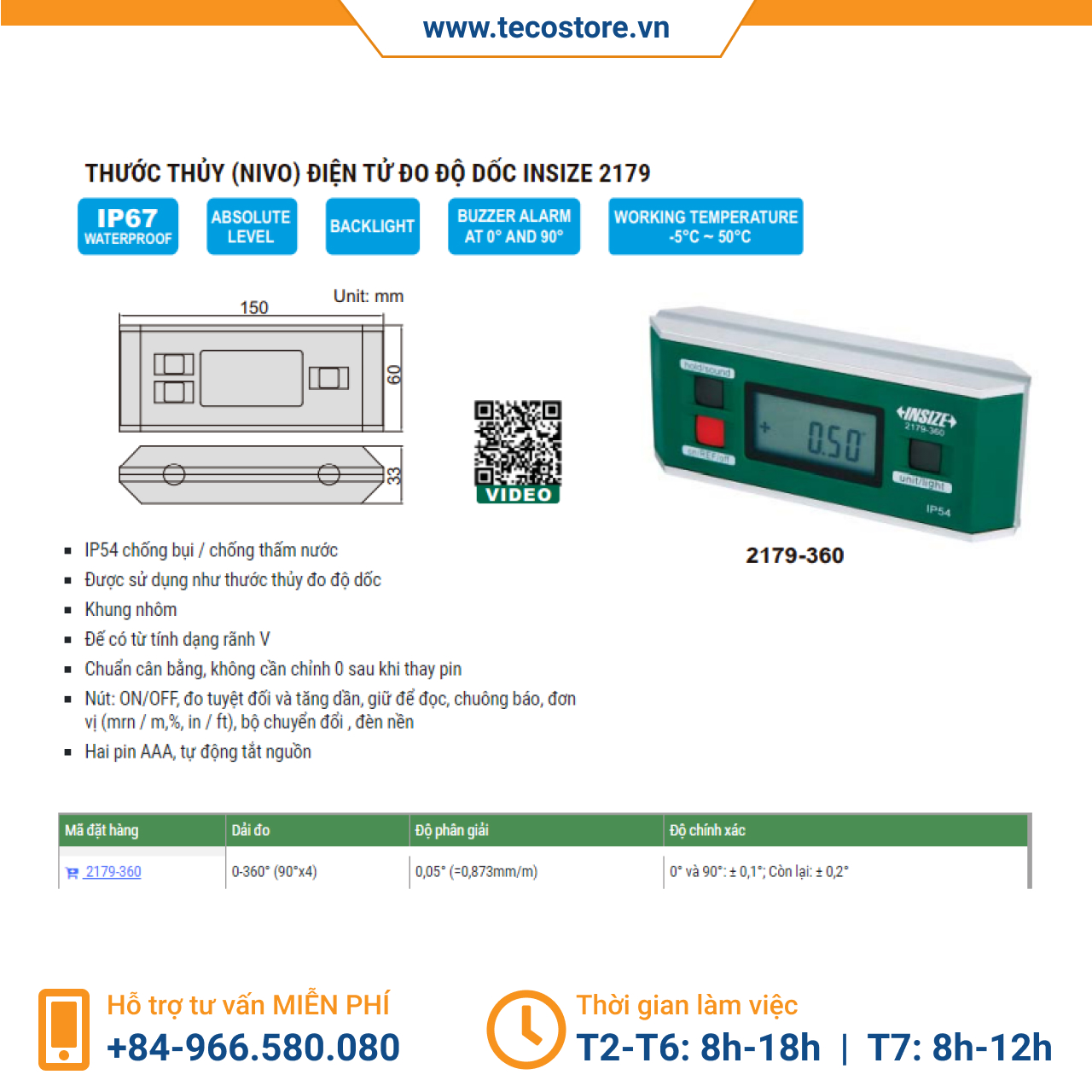 Thước thủy (nivo) điện tử đo độ dốc Insize 2179 [Chính hãng] [Bảo hành 12 tháng] [Có sẵn]