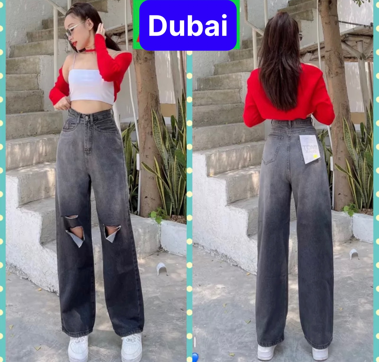 QUẦN JEANS CHẤT BÒ  ỐNG SUÔNG RỘNG RÁCH LOANG 2 MÀU ĐEN CẠP CAO DÀI CHÂN SIÊU TÔN DÁNG HOT TREND - DUBAI FASHION