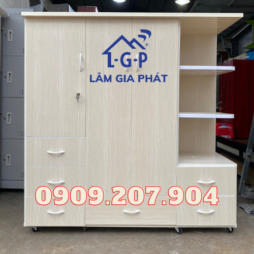 Tủ nhựa 3 cánh có hộc kéo kèm kệ ngoài màu sồi kem