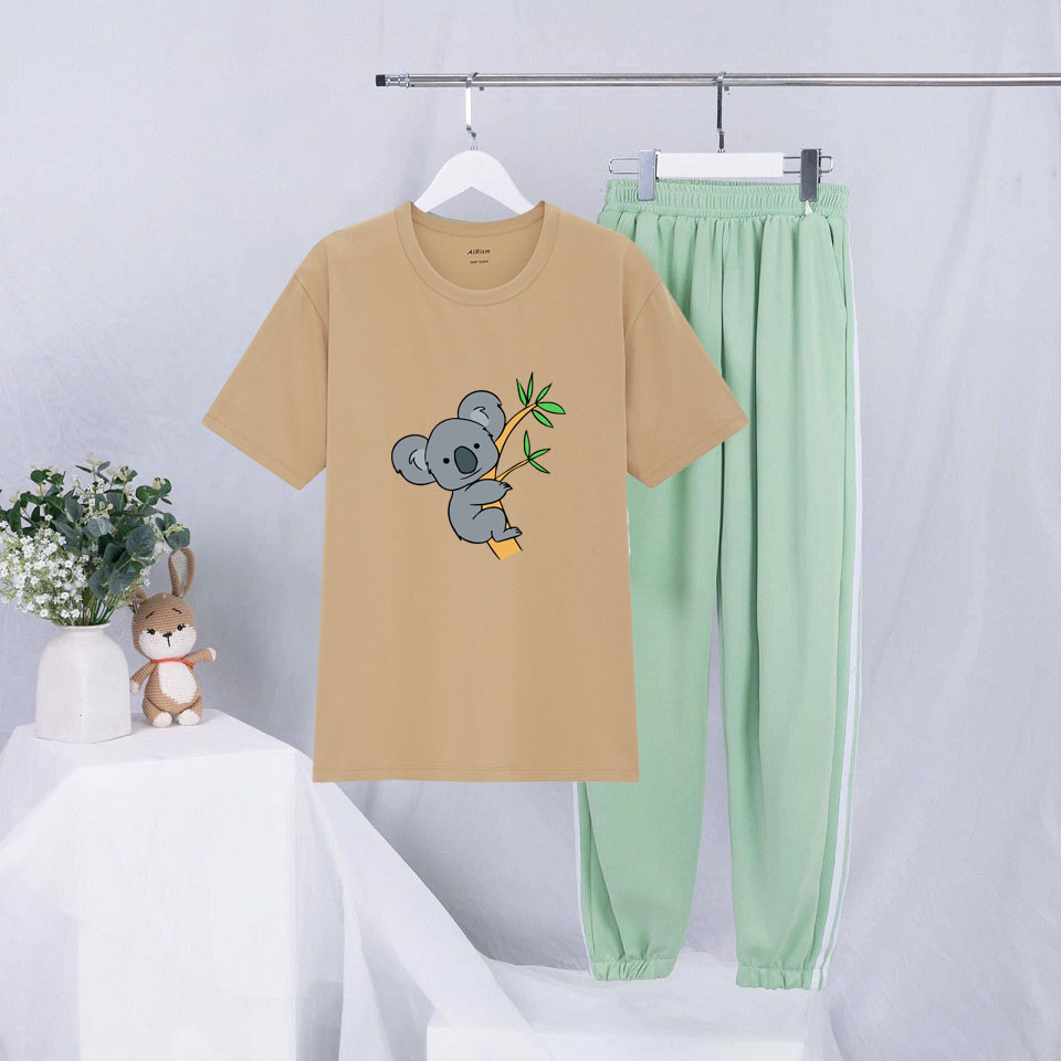 Sét Bộ Đồ Mùa Hè Ulzzang Nữ Xinh Cute Mặc Đi Chơi Dạo Phố, Chất Liệu Áo Cotton Organic Màu Da Ngắn Tay Cổ Tròn In 3D Gấu Truc Leo Cây Cute Kèm Quần Thun Bo Chun Gấu Hai Rót Phong Cách