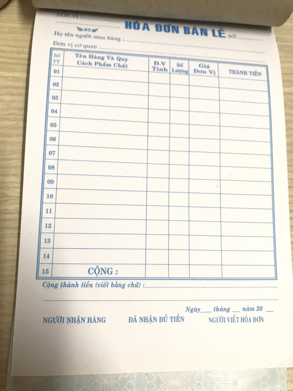 Hóa Đơn Bán Lẻ 1 Liên DÀY 2 CUỐN